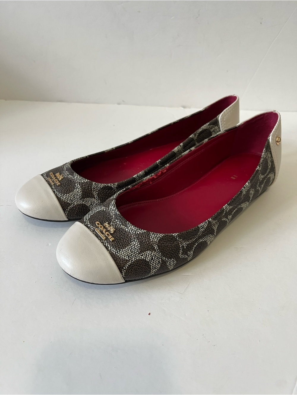Coach Brown Signature Canvas White Cap Toe Ballet Flats Size 7.5B
